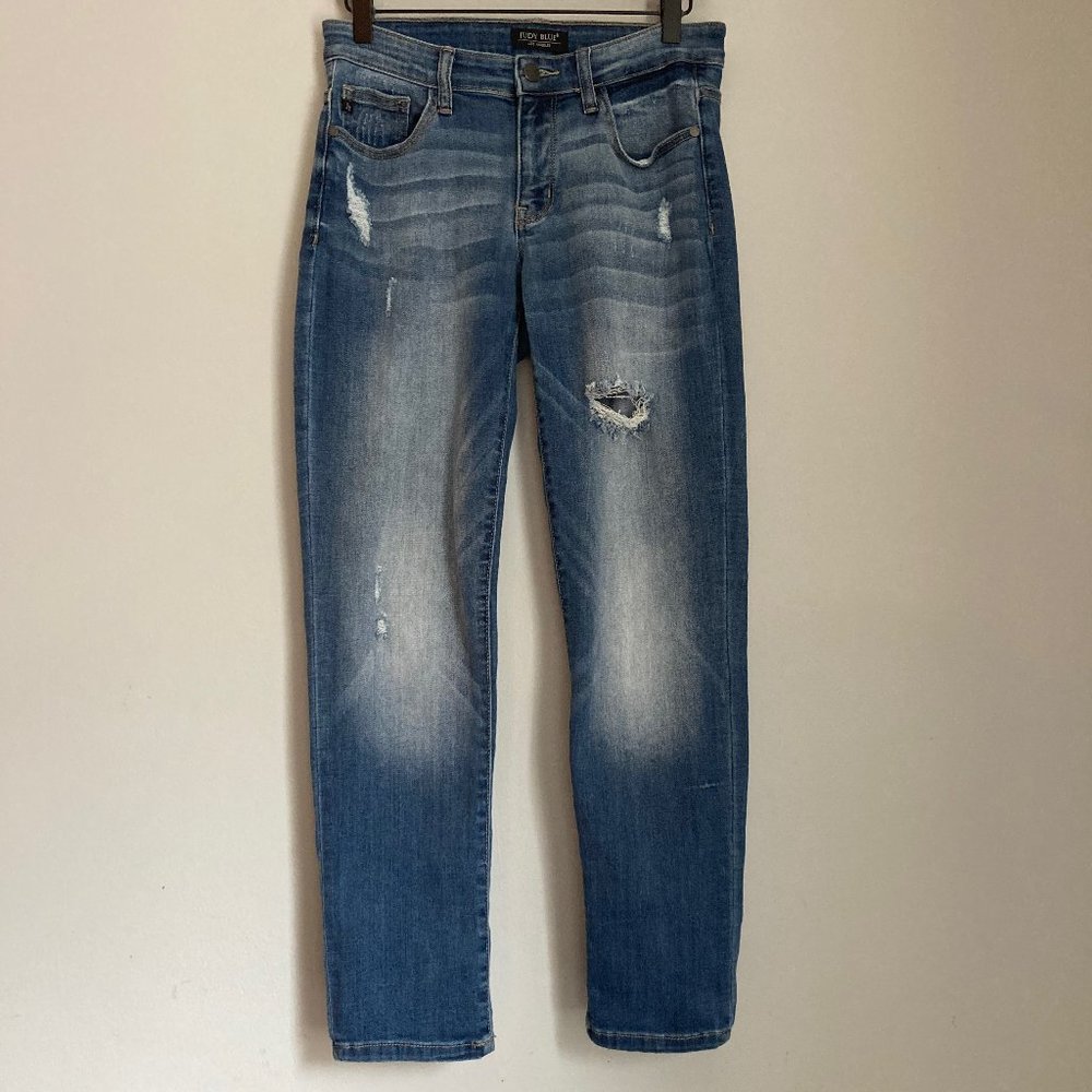 Judy Blue Distressed Boyfriend Fit Jeans 27 Blue Mid-Rise Tapered Soft Stretch